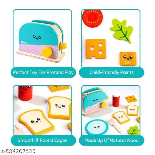 Wooden Toaster & Sandwich Pretend Play Set for Kids | Kitchen Role Play Toy for Toddlers & Preschoolers | 11-Piece Set