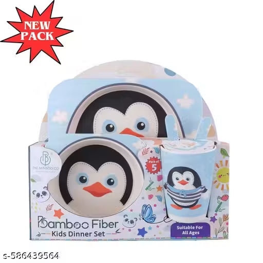 Plucky Penguin Bamboo Kids Dinner /Feeding Set of 5
