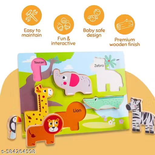 Wooden Animal & Vehicle Shape Matching Puzzle for Kids | Educational, Colorful & Learning| Montessori Puzzle Board Ideal for Toddler Age 2+ (Jungle)