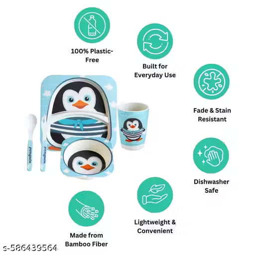 Plucky Penguin Bamboo Kids Dinner /Feeding Set of 5
